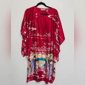 Oriental Village Red Floral Japanese Geisha Kimono Dress 100% Silk One Size